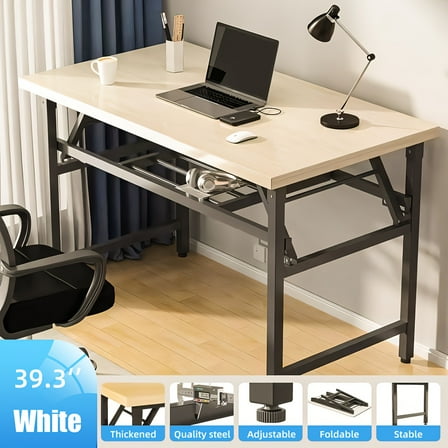 Compact Foldable Office Desk - Space-Saving Dark Walnut Wood & Metal Frame, Portable Study Table for Home, Computer & Laptop Workspace, Indoor Use, Easy Assembly
