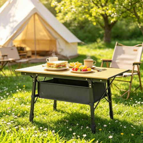 Compact Folding Camp Table, Portable Outdoor Dining Table with Storage Basket, Adjustable Height 17.7"-26", Lightweight Aluminum Frame, Brown