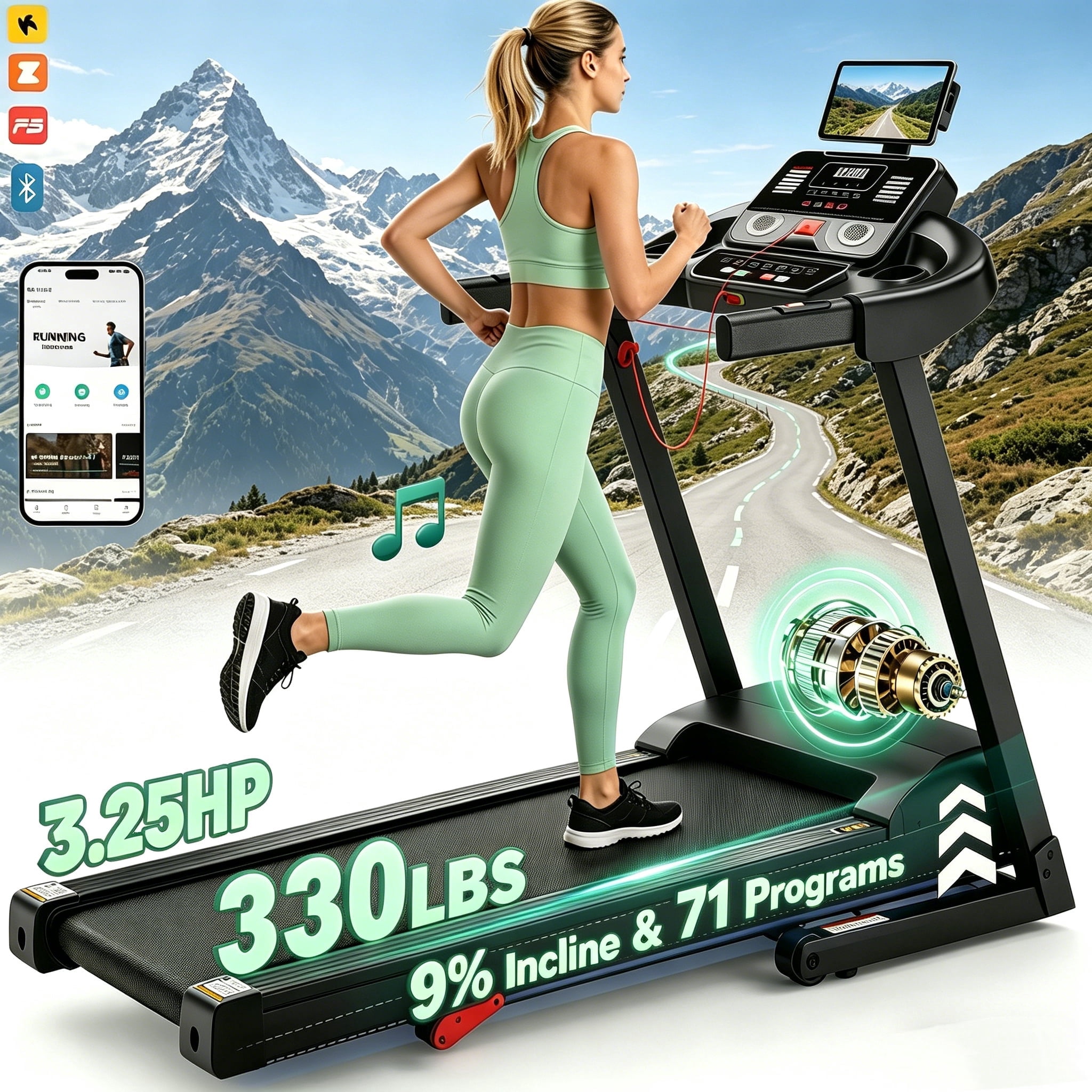 Compact Folding Home Treadmill with 3.25HP Motor, 3-Level Incline, 300 lb Capacity, Heart Rate Sensors, Emergency Stop Safety Key, Running Machine for Walking, Jogging and Running
