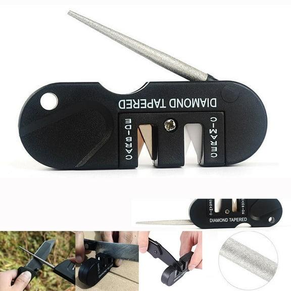 Compact Folding Knife Sharpener - Tapered, Carbide & Ceramic - Multifunctional Pocket Tool for Serrated & Standard Blades - 8x2cm - Includes Lanyard Hole