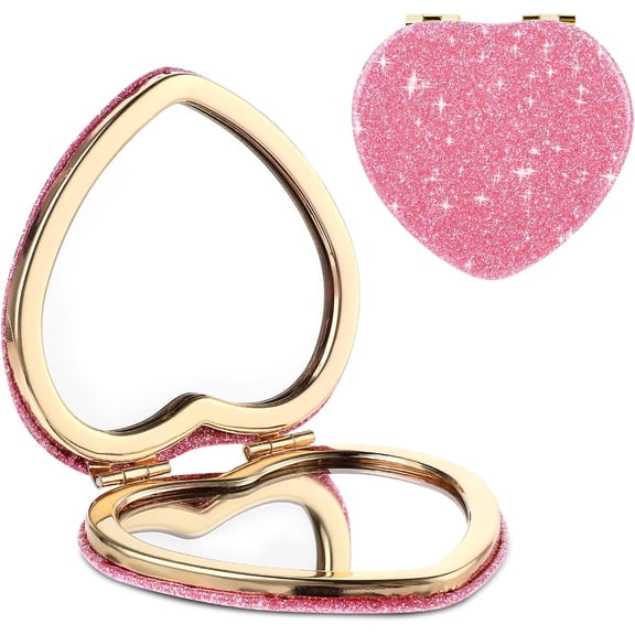 Compact Folding Makeup Mirror Butterfly/ Heart Shaped Magnifying Mini Vanity Mirror, Portable Travel Makeup Mirror Double-Sided Cute Glitter Cosmetic Mirror for Women Home Office Valentine's Day