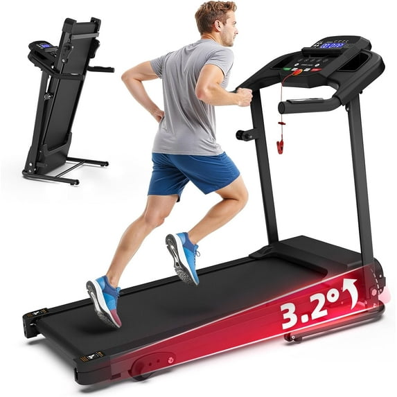 Compact Folding Treadmill for Home (2.5HP Brushless Motor, 400lbs Capacity, 3-Level Incline, 45dB Quiet, Heart Rate Sensors + Emergency Stop)