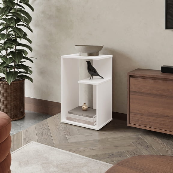 Compact Freestanding Melamine Side Table / Offers Storage for Shoes and Other Items in Living Area
