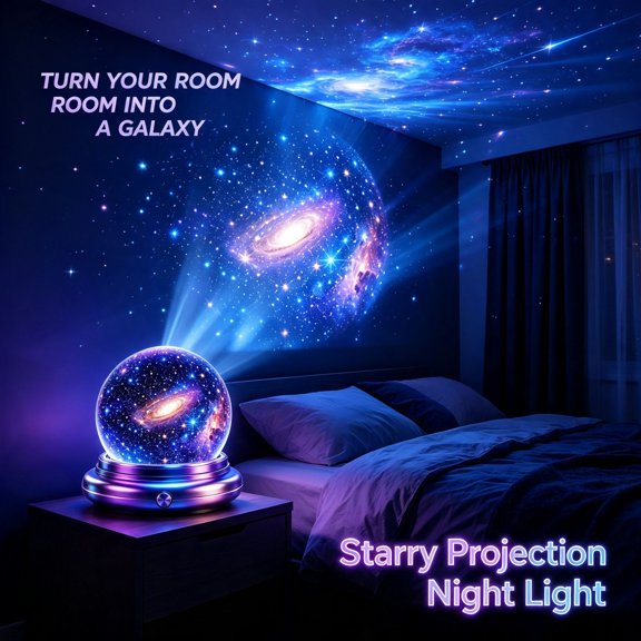 Compact Galaxy Star Projector Crystal Ball Lamp, Star Ceiling Projection Night Light for Bedroom Decor, Adjustable Brightness Nebula Projector for Cozy Room Atmosphere