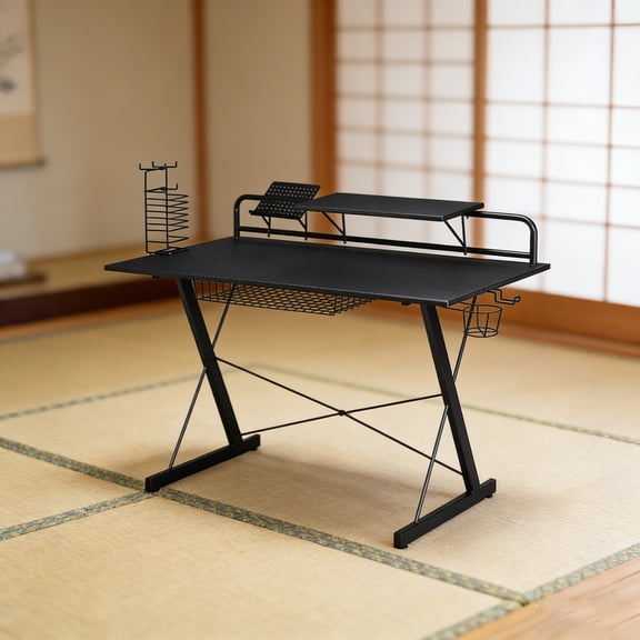 Compact Gaming PC Desk  Mesa Gamer with Elevated Shelf & Storage Organizers for Small Home & Office Spaces