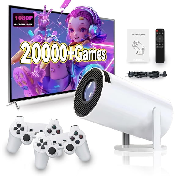 Compact Gaming Projector, Wireless Bluetooth Connectivity, 4k Ultra Hd Resolution, 130-inch Display Size, Classic Game Collection, Dual Controller Bundle, Outdoor Movie Entertainment