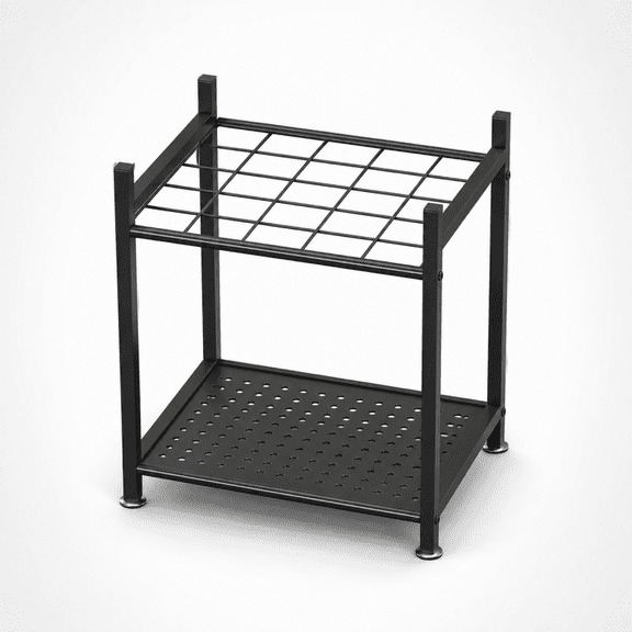 Compact Garden Tool Organizer with Upright Storage, Grid Top for Long Handles, Drainage Tray & Adjustable Feet for Shed Garage