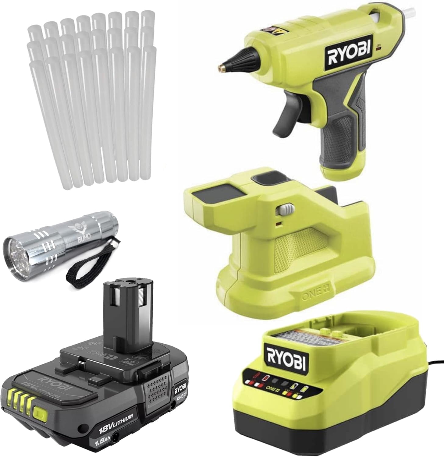BUHO Cordless Glue Gun Bundle with 18 Volt Ryobi Tool, Battery, Charger, Glue Sticks, and Flashlight