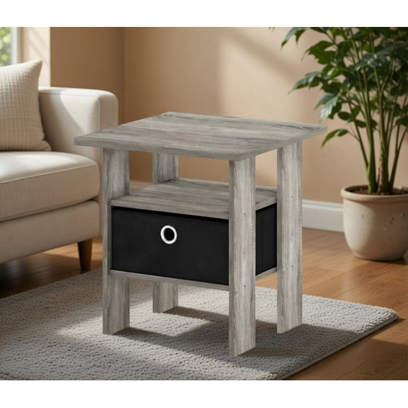 Compact Gray End Table with Fabric Drawer and Open Shelf, 15.5" Square, 17.5" Height