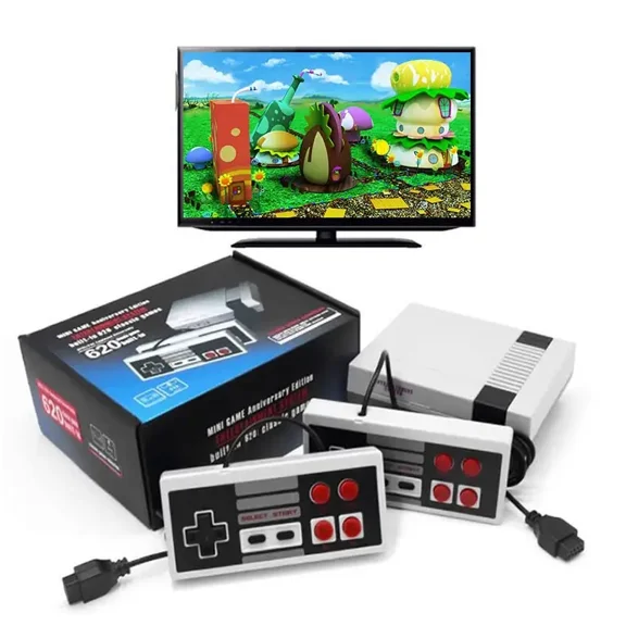 Compact Grey Nostalgic Media Unit Built-in 620 Classic Multimedia Resources, Wired Hand Controller Included, Dual Port Output Plug&Play Family Gift