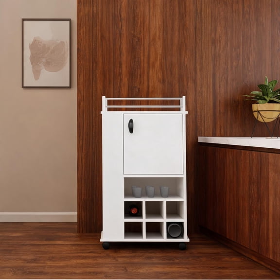 Compact Home Bar Cart with Built-in Wine Rack Storage Cabinet, White Finish, Mobile Serving Station on Casters