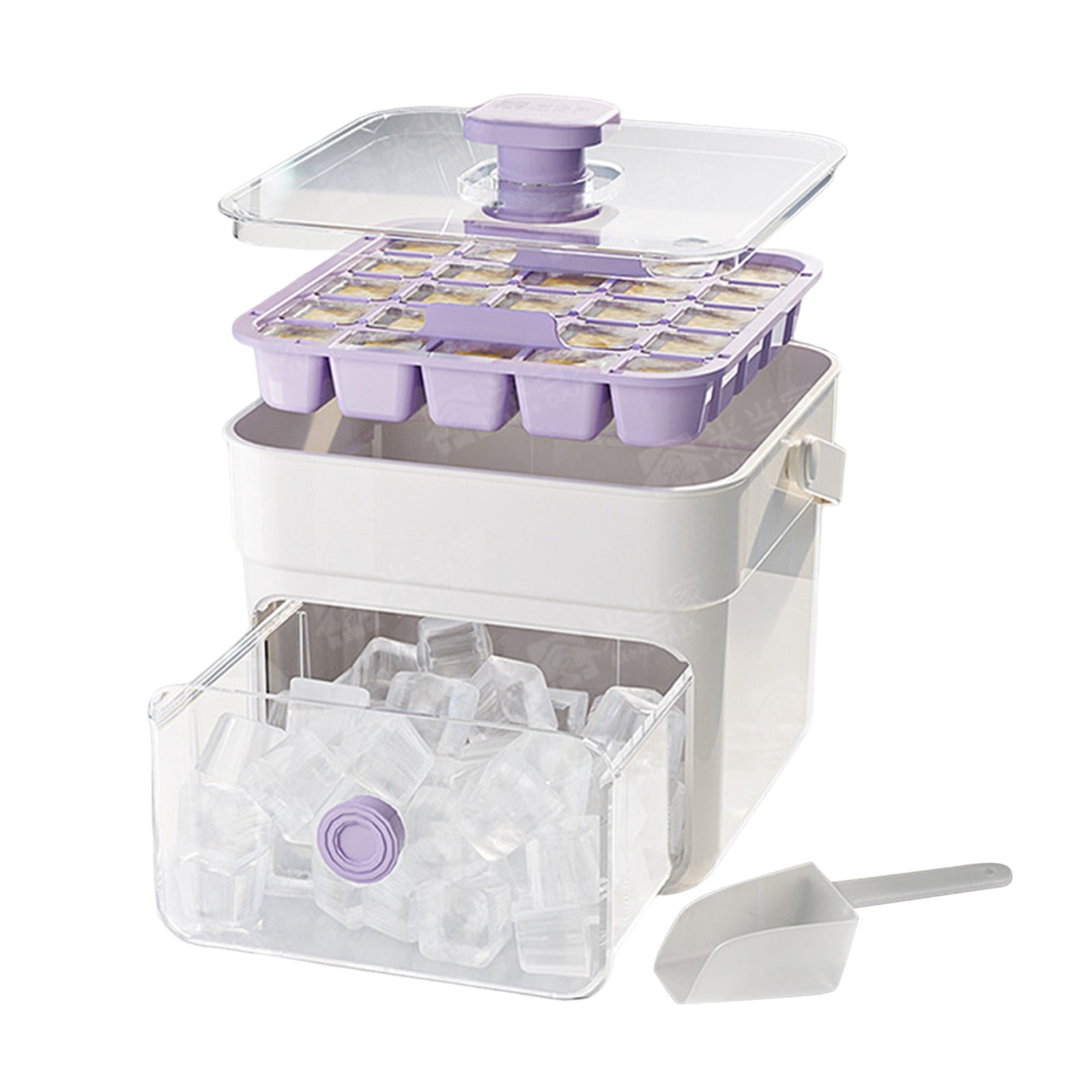 Compact Ice Cube Tray with Lid and Bin, Mini Press-Type Ice Maker for Freezer, Space-Saving Small Ice Bucket with Tongs for RV, Office, Mini Fridge & Water Bottles, BPA-Free