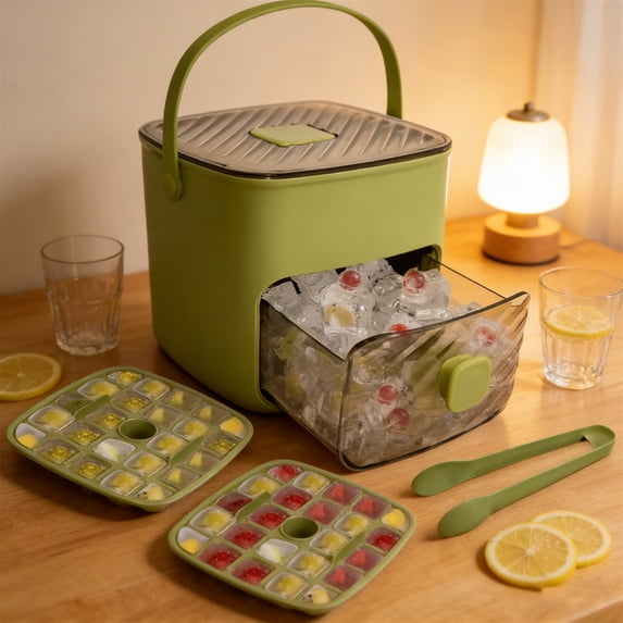 Compact Ice Cube Tray with Lid and Bin, Mini Press-Type Ice Maker for Freezer, Space-Saving Small Ice Bucket with Tongs for RV, Office, Mini Fridge & Water Bottles