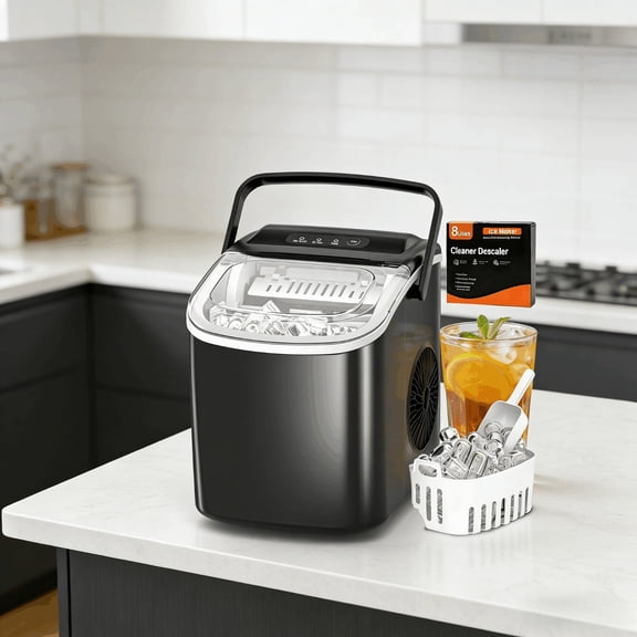 Compact Ice Maker Countertop, 6 Mins Fast Ice Making (9 Bullet Ice Cubes), 27Lbs/24H Yield, Self-Cleaning, Portable Handle, with Ice Basket & Scoop, Quiet Operation for Home Bar Camping