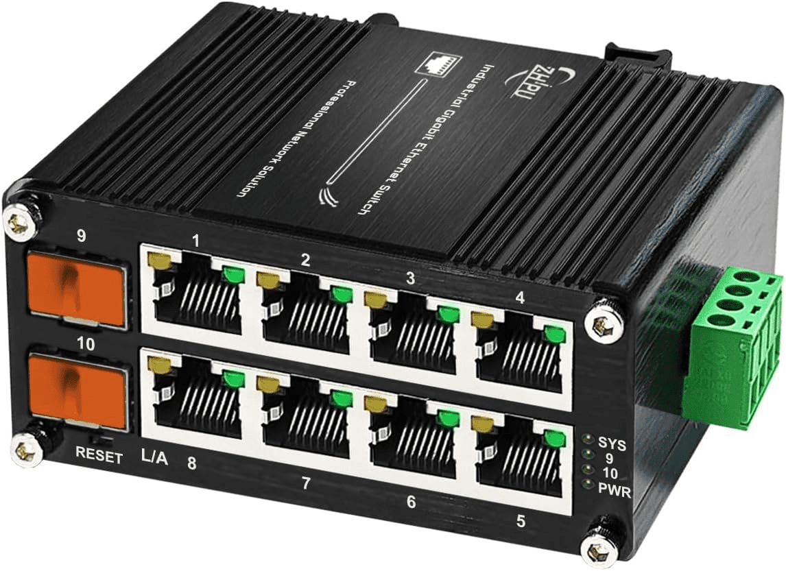 Compact Industrial Managed 8-Port Gigabit Switch with 2 SFP Slots, DIN Rail Mount, Web Management, -40°C to 80°C for IP Cameras & Wireless APs