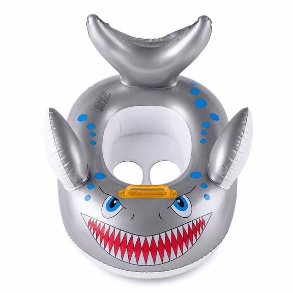 Compact Inflatable Pool Float Ring with Seat and Handles, Shark Print Swim Ring for Beginner Friendly Wading, Blue