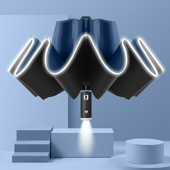 Compact Inverted Travel Umbrella with LED Flashlight, Reflective Tape, and Auto Open Close for Wind and Rain Protection