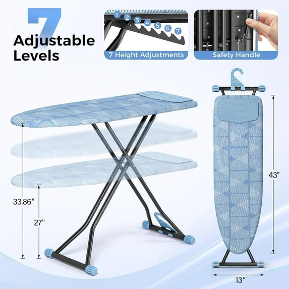Compact Ironing Board with Heat Resistant Cover, 7 Height Adjustable Foldable Wall Mount Hanger for Home Use