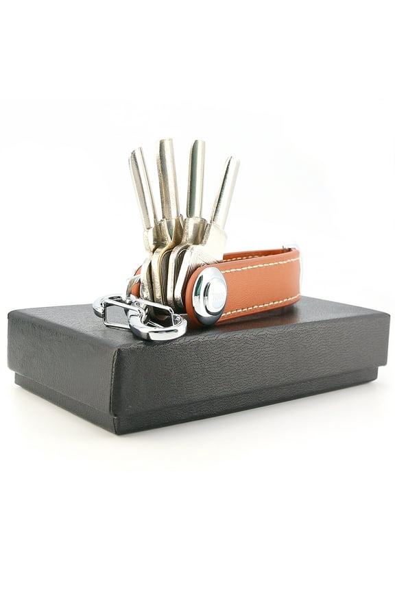 Compact Key Chain Organizer With Leather Strap, Smart Key Ring Holds 8 Keys and Tools, Perfect For Pockets, Purses, and Bags (Brown)