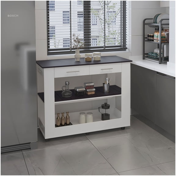Compact Kitchen Cart Island with Drawers, White Wooden Mobile Worktable for Additional Counter and Storage Space