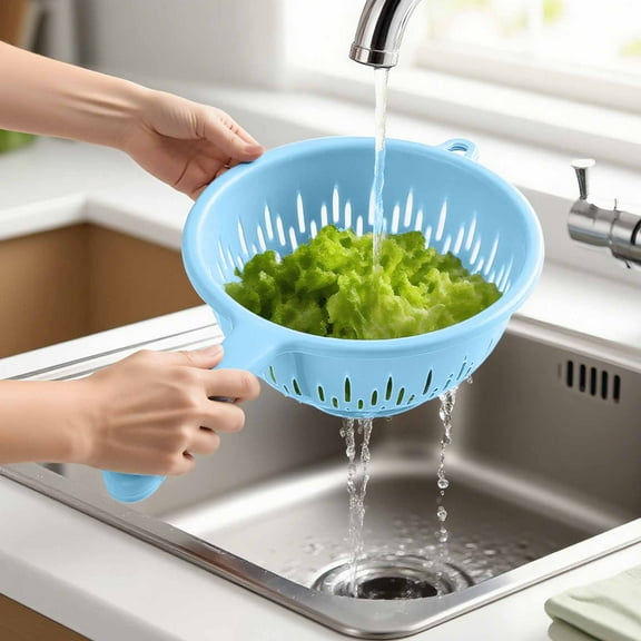 Compact Kitchen Colander with Handle for Washing Fruits and Vegetables Easy and Storage Durable Strainer for Home Use in Dark Blue White