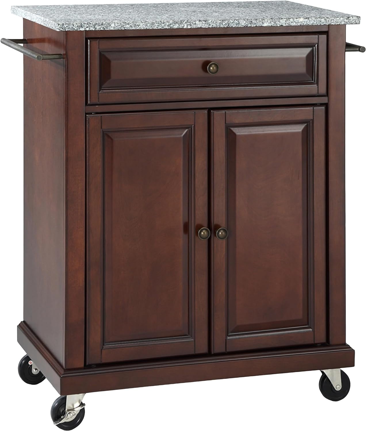 Compact Granite Top Mahogany Kitchen Cart with Ample Storage