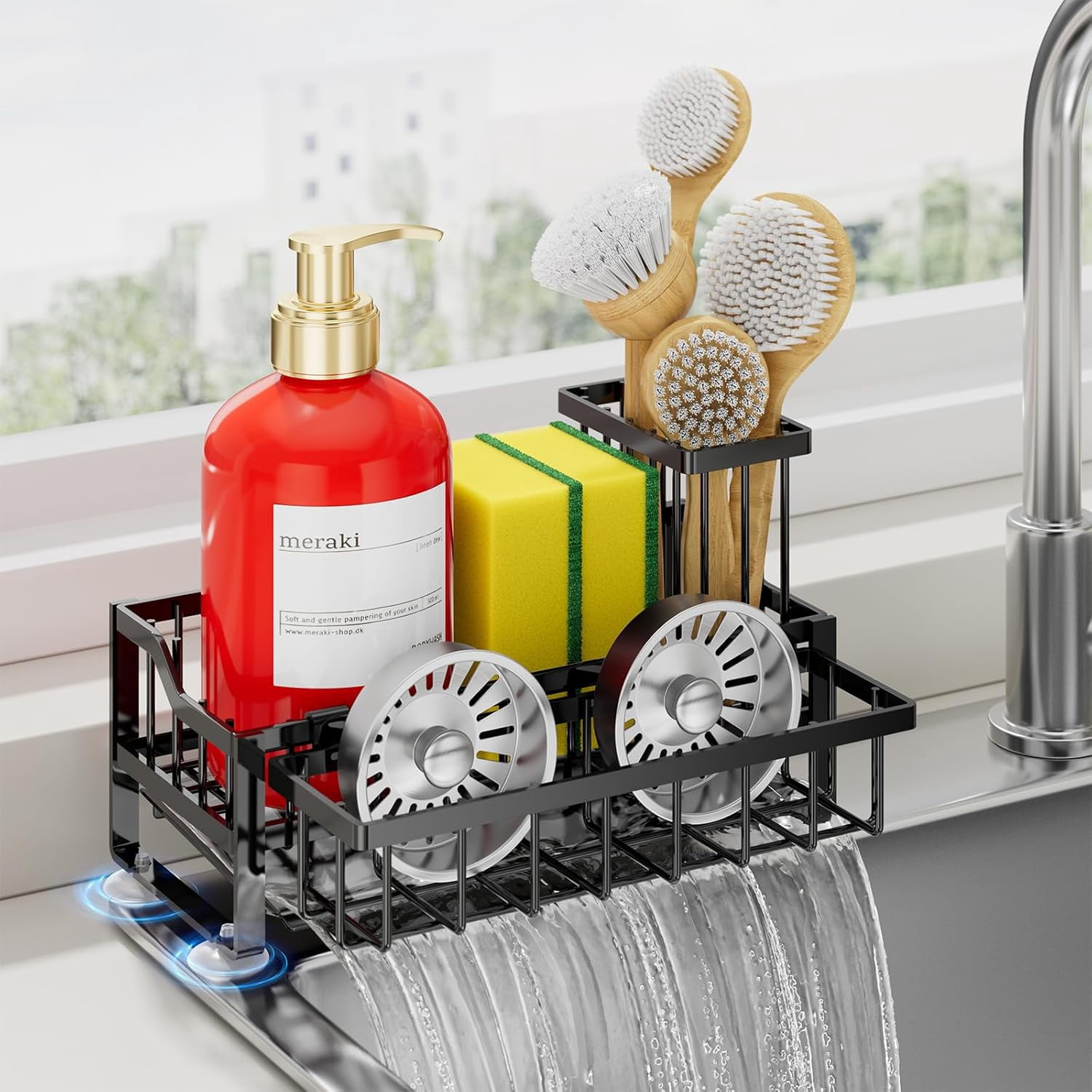Compact Kitchen Sink Caddy Organizer with Long Brush Holders, 2 Baskets ...