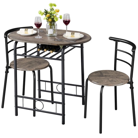 Compact Kitchen Table Set 3 Piece, Small Dining Table with 2 Chairs, Steel Frame and Storage Rack for Apartments Bistro Office Dorm, Drift Brown
