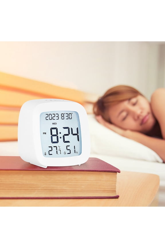Compact LCD Alarm Clock with Temperature and Humidity Display, Silent Digital Clock for Students Bedroom Bedside, Modern Multifunctional Home and Office Decor Clock