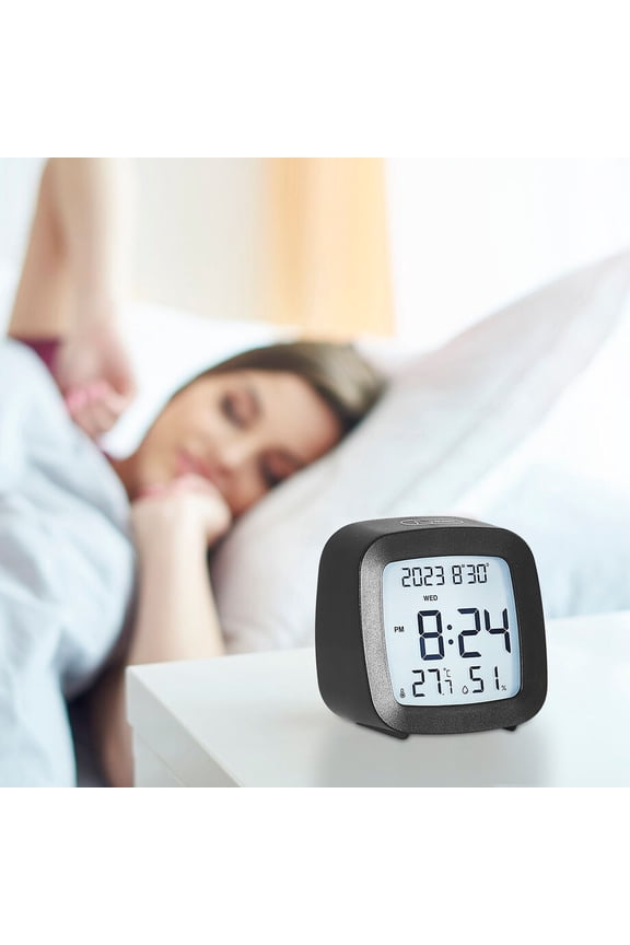 Compact LCD Alarm Clock with Temperature and Humidity Display, Silent Digital Clock for Students Bedroom Bedside, Modern Multifunctional Home and Office Decor Clock