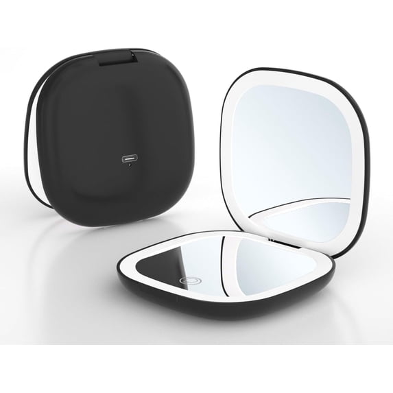 Compact LED Magnifying Travel Makeup-Mirror - 3.5 inches 1X/10X Magnification Small Hand Pocket Dimmable Double Sided USB Rechargeable Touch Screen, Portable Tabletop Cosmetic (Black)