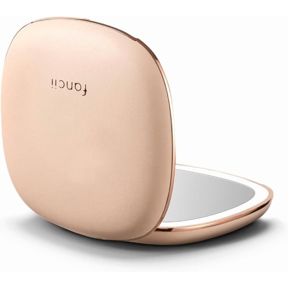 Compact LED Makeup Mirror with 10x/1x Magnification, Rechargeable Tru-Glow Lighting, Vegan Leather Finish, Bronze Frame, Square Modern Style (Champagne Cream)