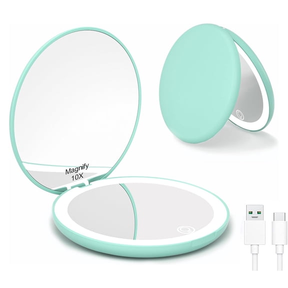 Compact Makeup Mirror, 2-Sided 1X/10X Magnification, Lighted Makeup Mirror, Handheld & Portable, Brightness Dimmable, Rechargeable, Perfect for Travel Home Office Purse, Cyan