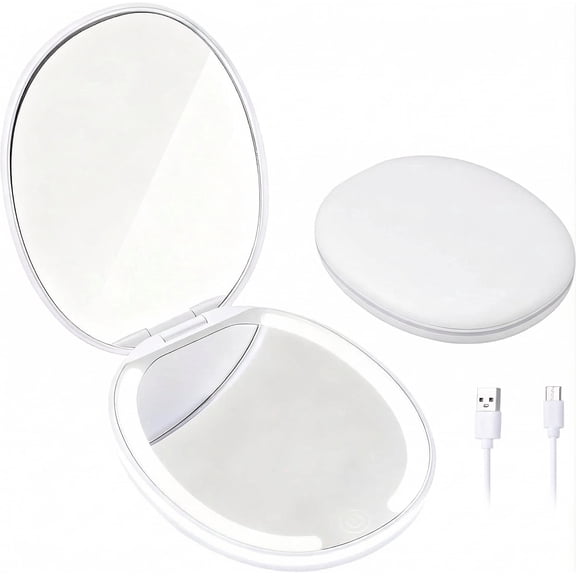 Compact Mirror with Light, 1X/5X Magnification Portable Pocket Makeup Mirror for Purse, White Small Foldable USB Rechargeable Travel Lighted Make Up Mirrors with 3 Color LED Lighting for Purse Pocket