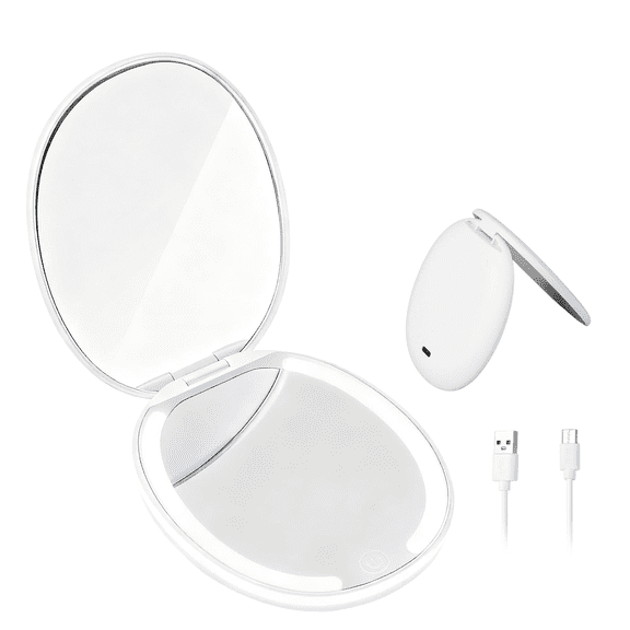 Compact Makeup Mirror with LED Light, Portable 1X 5X Magnifying Makeup Mirror, Small Foldable USB Rechargeable Travel Lighted Make Up Mirror with 3 Color Lighting for Purse Pocket