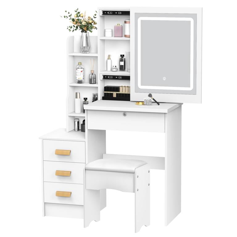 Compact Makeup Vanity Table, 31.5 Inch with Sliding LED Mirror ...