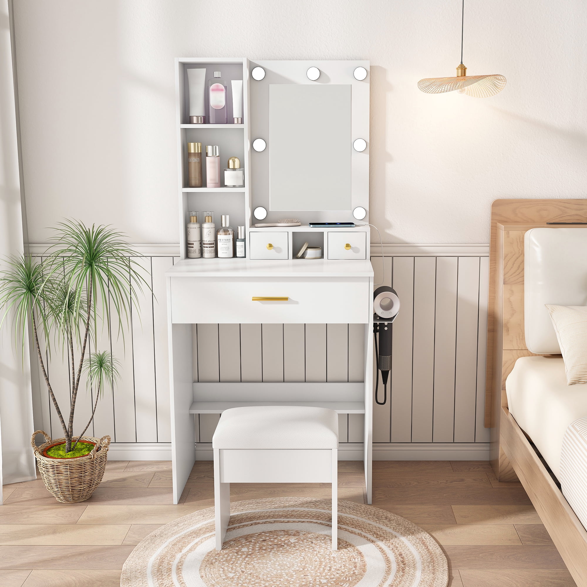 Compact Makeup Vanity Table with Adjustable LED Light Mirror, Built-in Power Outlet, Hairdryer Holder & Padded Stool, Multi Drawer Storage Dressing Table for Small Bedroom