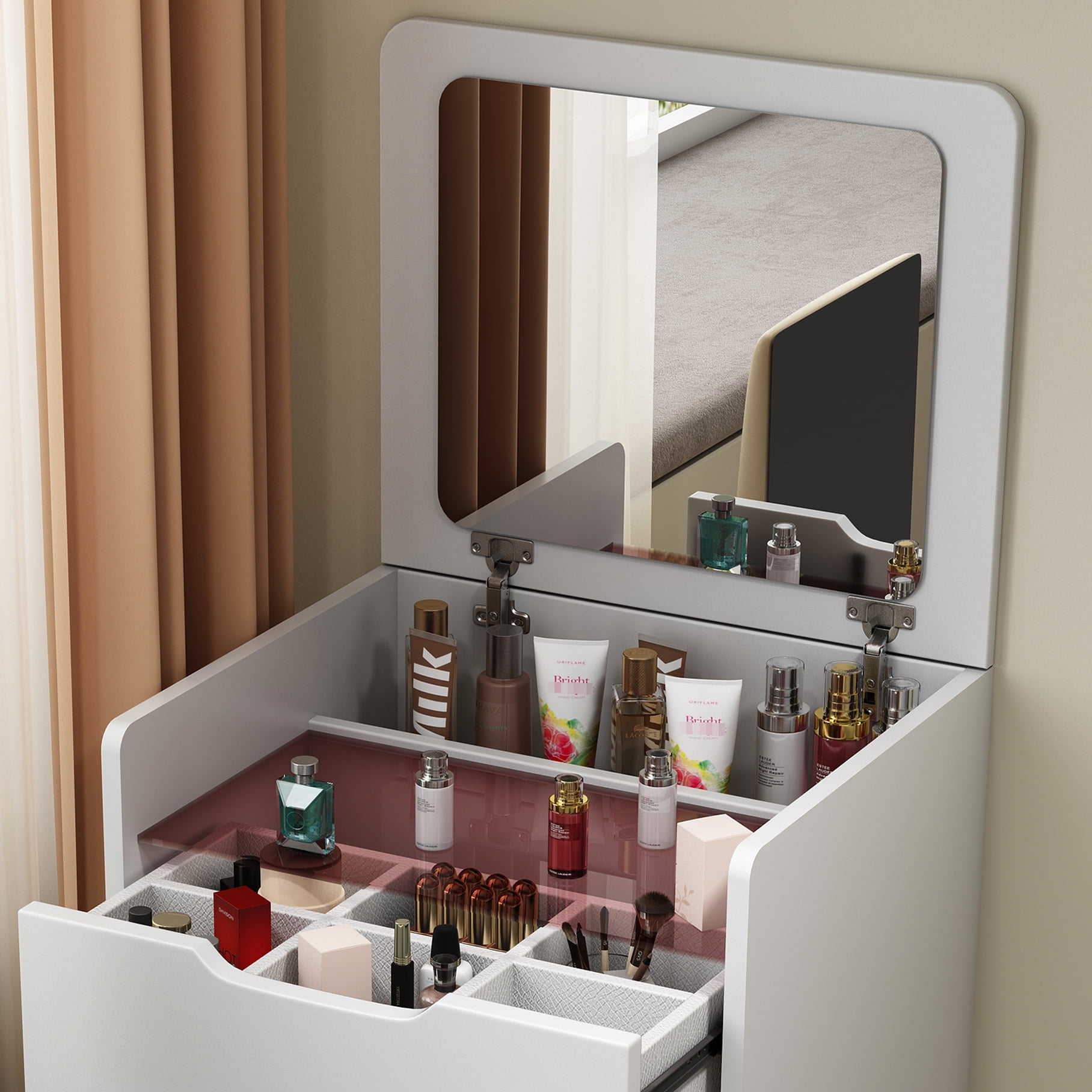 Compact Makeup Vanity With Visible Desktop And Drawer , White Bedroom Furniture, Functional Beauty Station Flip Top Lighted Mirror Internal Space, Dressing Desk, Elegant Furniture