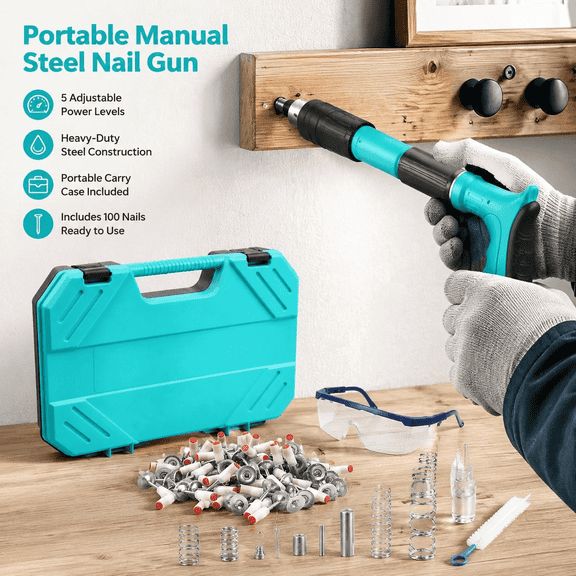 Compact Manual Steel Nail Gun Set with Adjustable Power Control, 100 Nails, Carry Case, Teal and Black Handheld Design