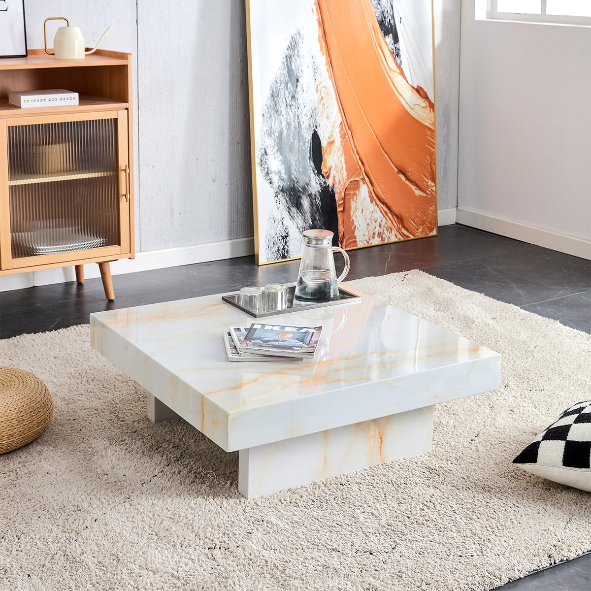 Compact Marble Coffee Table Sudica 31 Square Center Table with Stainless Steel Storage for Living Room Beige Walmart