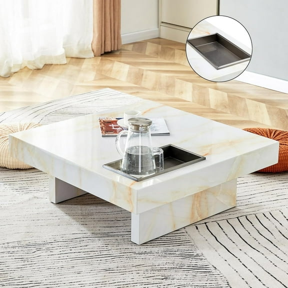 Compact Marble Coffee Table, Sudica 31" Square Center Table with Stainless Steel Storage for Living Room, Beige
