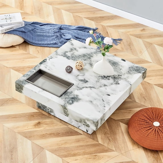 Compact Marble Coffee Table, Sudica 31" Square Center Table with Stainless Steel Storage for Living Room,White