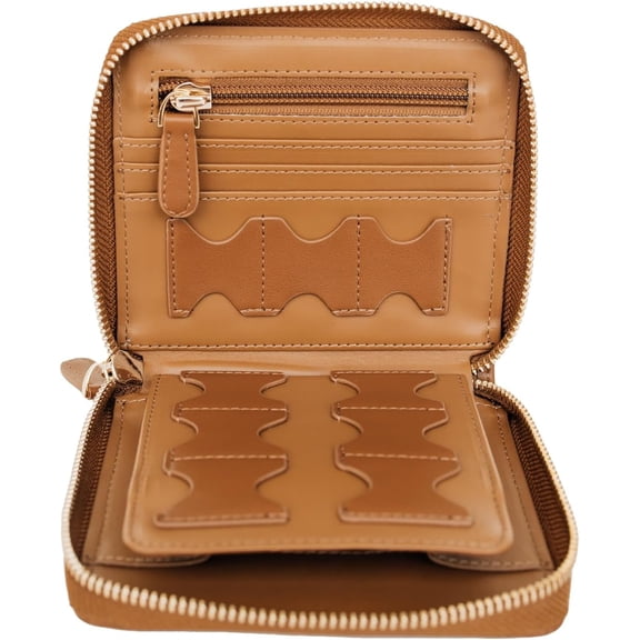 Compact Memory Card Holder & Battery Organizer Slim Travel Case with Secure Pockets for SD, MicroSD, and Camera Batteries Durable Protective Storage Wallet for Photographers On-The-Go Brown