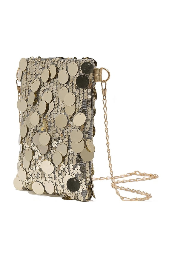 Compact Messenger Bag with Sequin Panel Sleek Minimalist Crossbody Phone Holder Chain for Everyday Commute and Use