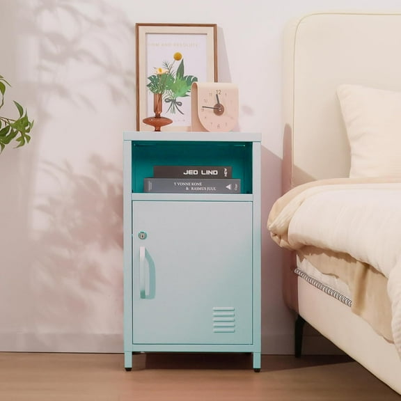 Compact Metal Nightstand with Lockable Cabinet and Open Shelf, Modern Bedside Table, Versatile Side Table for Bedroom, Living Room, or Office (Light Green, 26" H-Lockable Door)