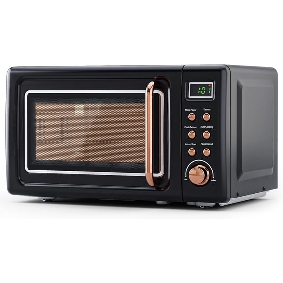 Compact Microwave Oven, Retro Small Countertop Microwave 0.7 cu. ft. 700W with 8 Auto - cooking Set(Black)