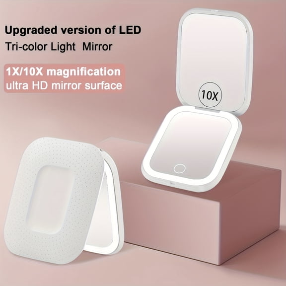Compact Mirror with 3 Color LED Lights, Rechargeable, dimmable, Memory, 1X/10X Travel Mirror, Ultra Slim Pocket Mirror, Small Lighted Makeup Mirror for Purse, Ideal Gift for Women