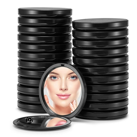 Compact Mirror Bulk, 24 Pcs Small Pocket Makeup Round Mirror Double-Sided 1X/3X Magnifying PU Leather (Black, 2.7 inches)
