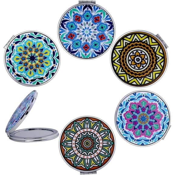 Compact Mirror Bulk Handheld - Pocket Purse Travel Makeup Mirrors Round Folding Portable Dual Sided 2X Magnification- Mandala Designs Gift for Girls Women - Pack of 6