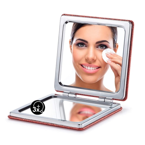 Compact Mirror, Glitter PU 1X/3X Magnification, Ultra Portable for Purses (Red)